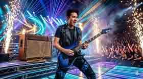 무대에서 일렉기타를 연주하는 뮤지션