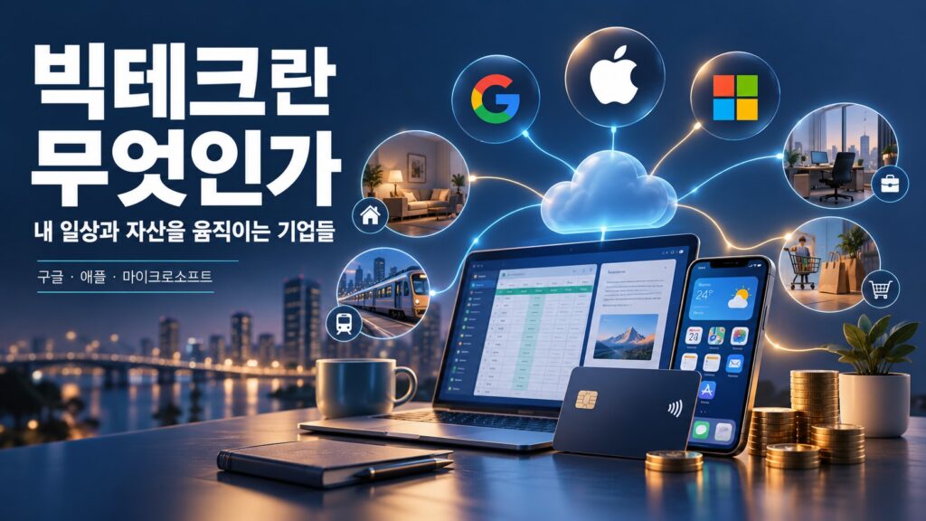 구글·애플·마이크로소프트가 스마트폰과 업무, 소비와 자산에 연결되는 모습을 표현한 빅테크 대표이미지