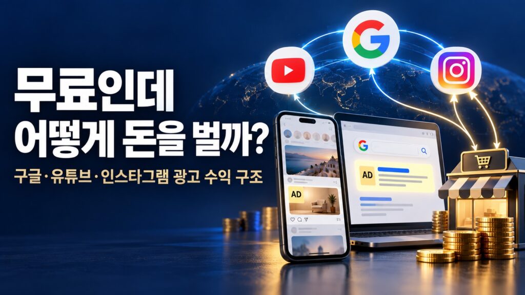 구글·유튜브·인스타그램과 스마트폰 광고, 광고주를 연결해 빅테크 광고 수익 구조를 표현한 이미지