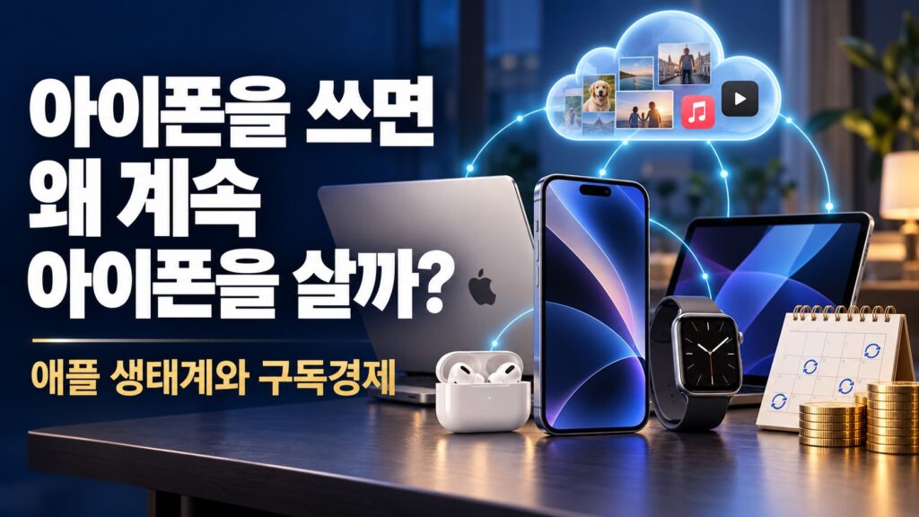 아이폰·맥북·아이패드와 클라우드가 연결된 애플 생태계, 달력과 동전으로 표현한 정기 구독 지출