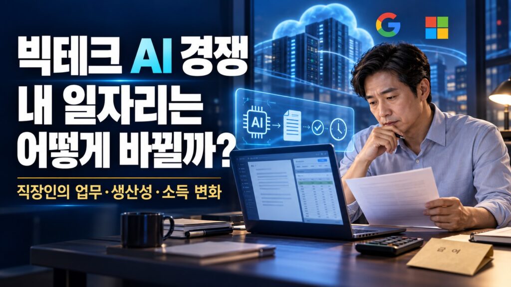 AI 보조 도구로 작성한 자료를 검토하는 직장인과 업무·생산성·소득 변화를 표현한 빅테크 대표이미지