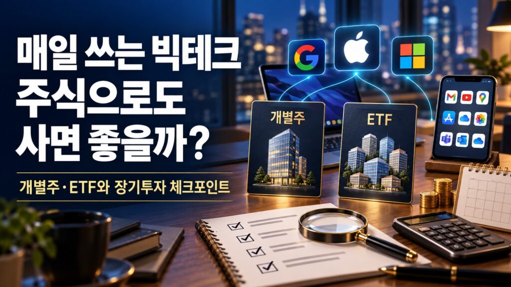 구글·애플·마이크로소프트 로고와 개별주·ETF 비교 카드, 체크리스트로 표현한 빅테크 장기투자 판단