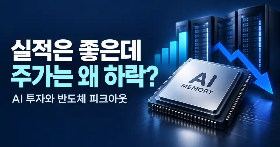 AI 데이터센터와 메모리 반도체 칩, 실적 성장과 주가 하락의 엇갈림을 표현한 이미지