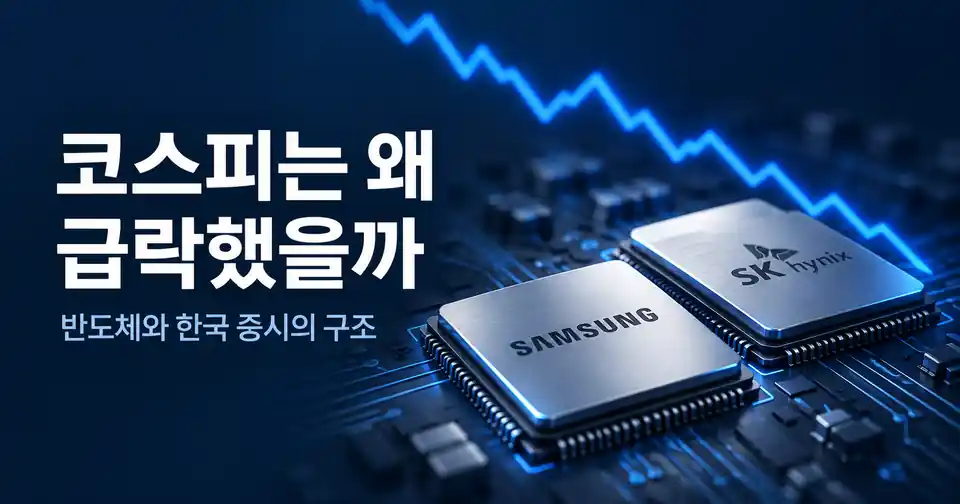 삼성전자와 SK하이닉스를 상징하는 반도체 칩과 코스피 하락을 표현한 이미지