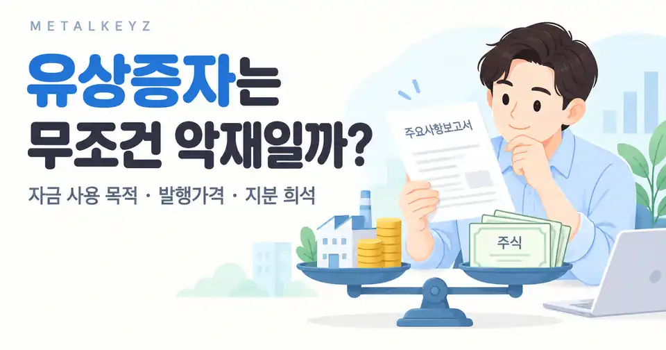 유상증자의 자금 사용 목적과 지분 희석을 저울로 비교하는 일러스트