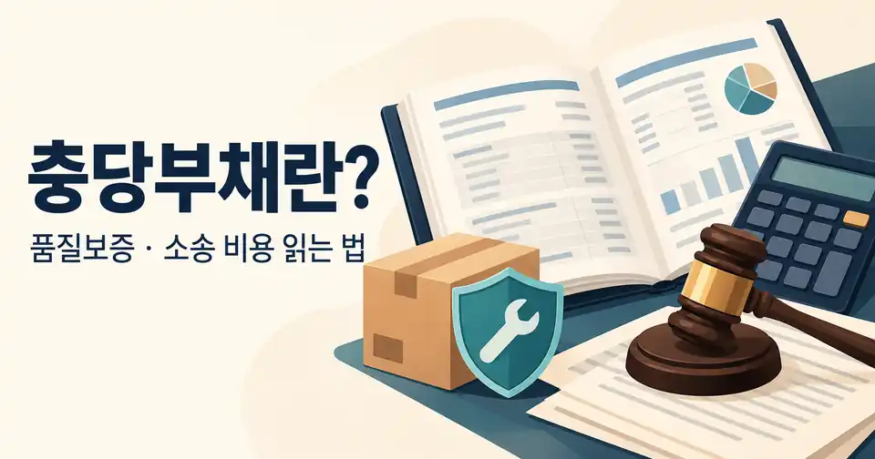 재무제표와 계산기, 품질보증을 상징하는 방패와 소송을 상징하는 법봉으로 표현한 충당부채