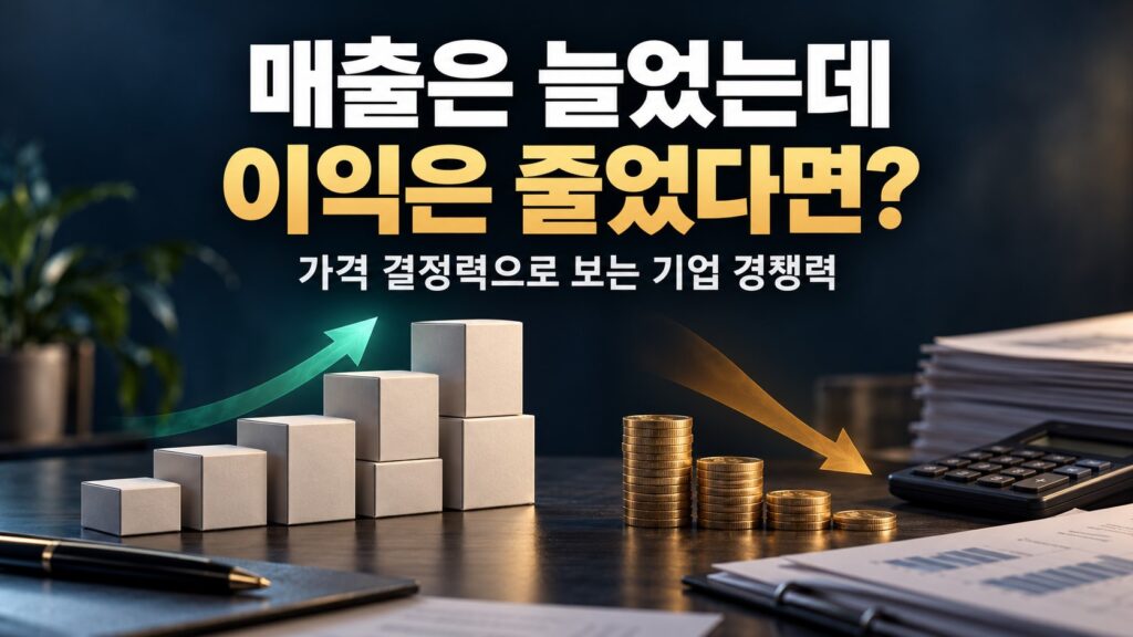 늘어나는 상품 상자와 줄어드는 동전으로 매출 증가와 이익 감소를 대비하고, 기업의 가격 결정력을 표현한 이미지