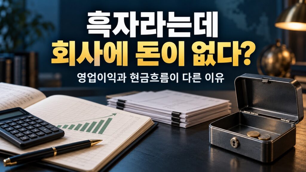 이익 증가를 나타내는 회계 장부와 동전이 적게 남은 현금함으로 영업이익과 현금흐름의 차이를 표현한 이미지
