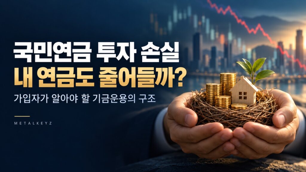 국민연금 투자 손실과 연금 수령액의 관계를 표현한 이미지로, 하락하는 주가 배경 앞에서 두 손이 노후자금을 상징하는 동전과 집을 받치고 있다