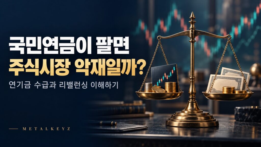 주식과 채권을 올린 금빛 저울로 국민연금의 자산배분과 리밸런싱을 표현한 이미지