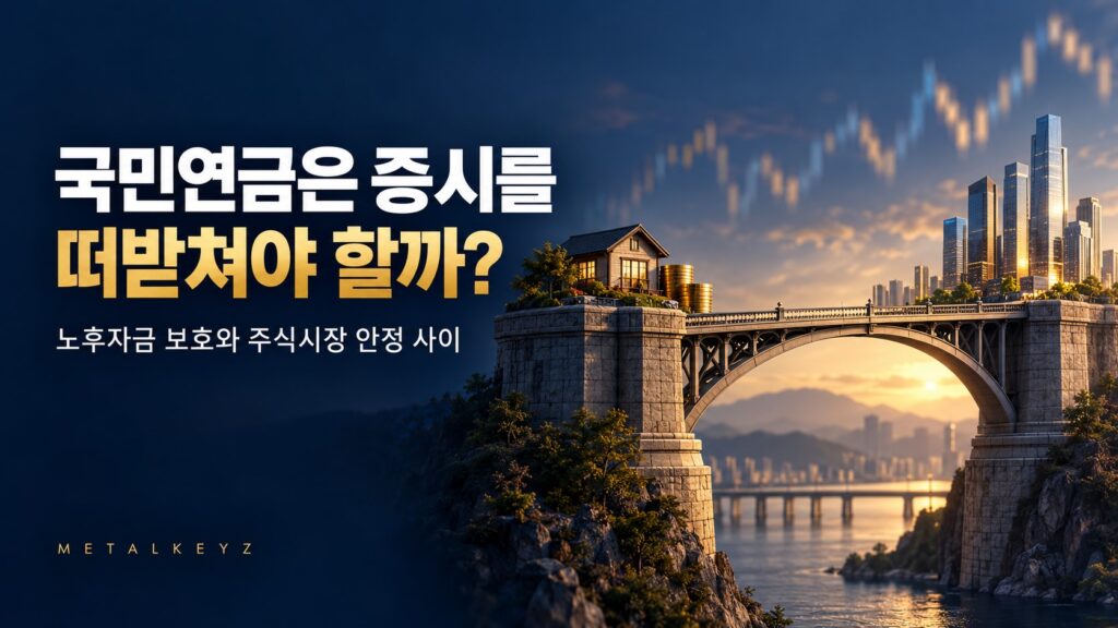 노후자금을 상징하는 집과 동전, 금융시장을 상징하는 빌딩을 다리로 연결해 국민연금의 역할과 균형을 표현한 이미지