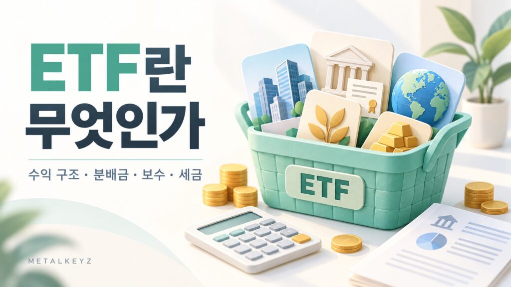 ETF의 분산투자 구조를 자산 바구니로 표현하고, 핵심 제목을 크게 배치했습니다