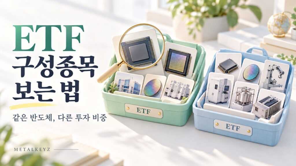 두 ETF 바구니의 구성 차이와 돋보기로 **‘구성종목과 투자 비중을 살펴본다’**는 주제를 표현했습니다