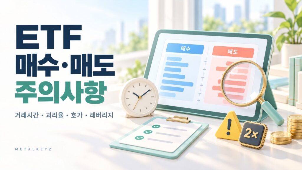 호가 화면·시계·체크리스트와 레버리지 주의 표시로 ETF 거래 전 점검이라는 핵심을 담았습니다