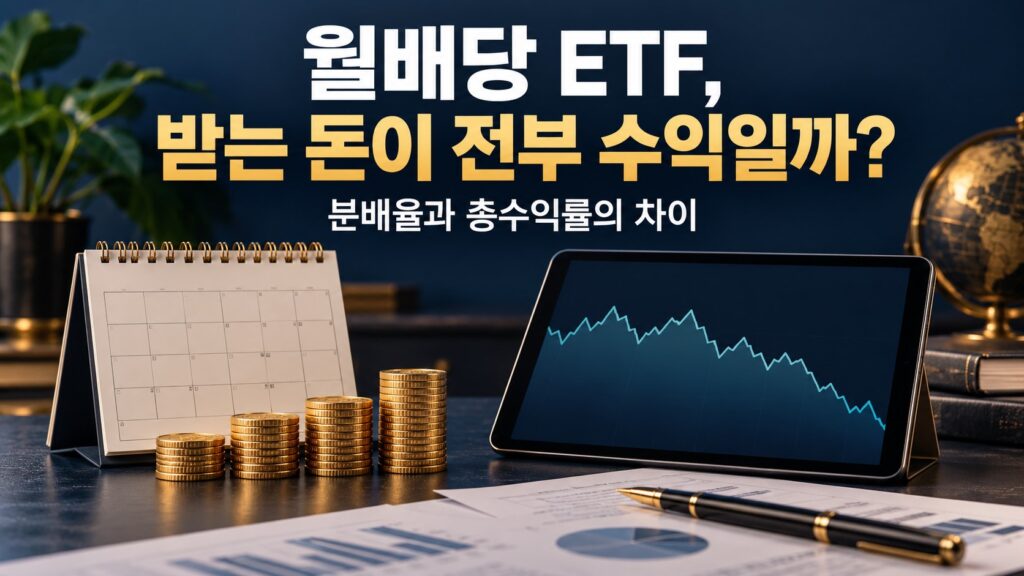 달력과 동전으로 월별 분배금을, 태블릿의 하락 곡선으로 자산가치 변화를 표현한 월배당 ETF 개념 이미지