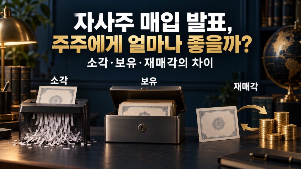 문서 파쇄기·보관함·주식과 동전의 교환으로 자사주 소각·보유·재매각의 차이를 표현한 개념 이미지