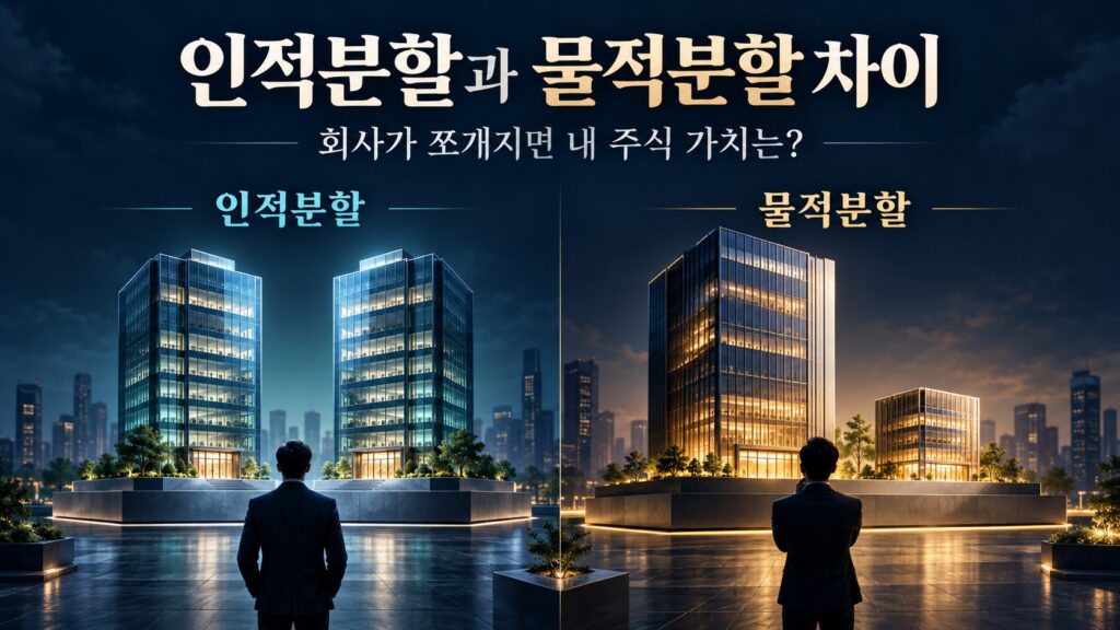 인적분할과 물적분할의 회사 소유 구조 차이를 건물로 표현한 대표이미지.
