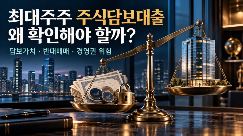주식 증서와 기업 건물을 저울에 배치해 최대주주 주식담보대출의 담보가치와 경영권 위험을 표현한 이미지.