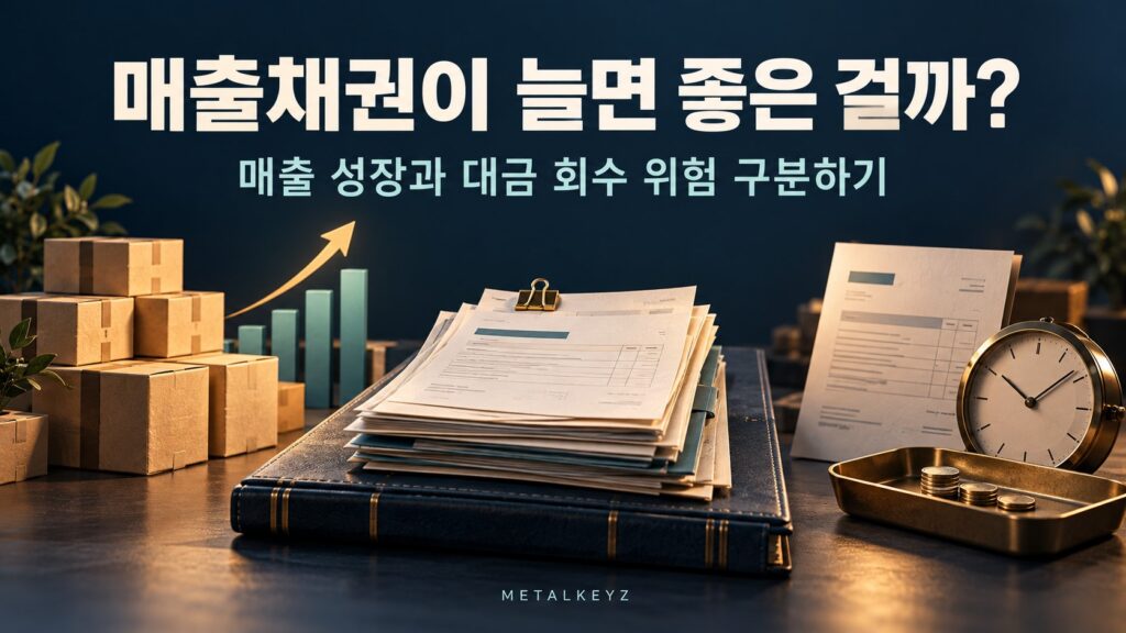 매출 성장과 대금 회수 위험을 상품 상자, 매출채권 서류, 시계와 현금으로 표현한 이미지