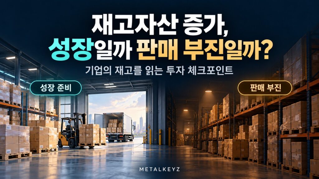 재고자산 증가가 성장 준비인지 판매 부진인지 대비해 보여주는 기업 창고 이미지